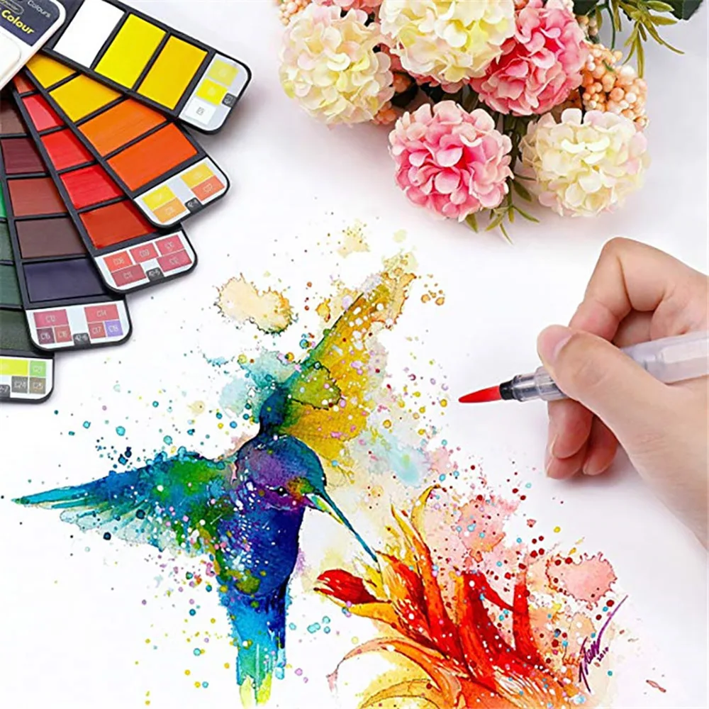 

Superior 18/25/33/42 Colors Solid Water Color Painting Sets with Water Brush Foldable Travel Sketch Pigment School Art Supplies