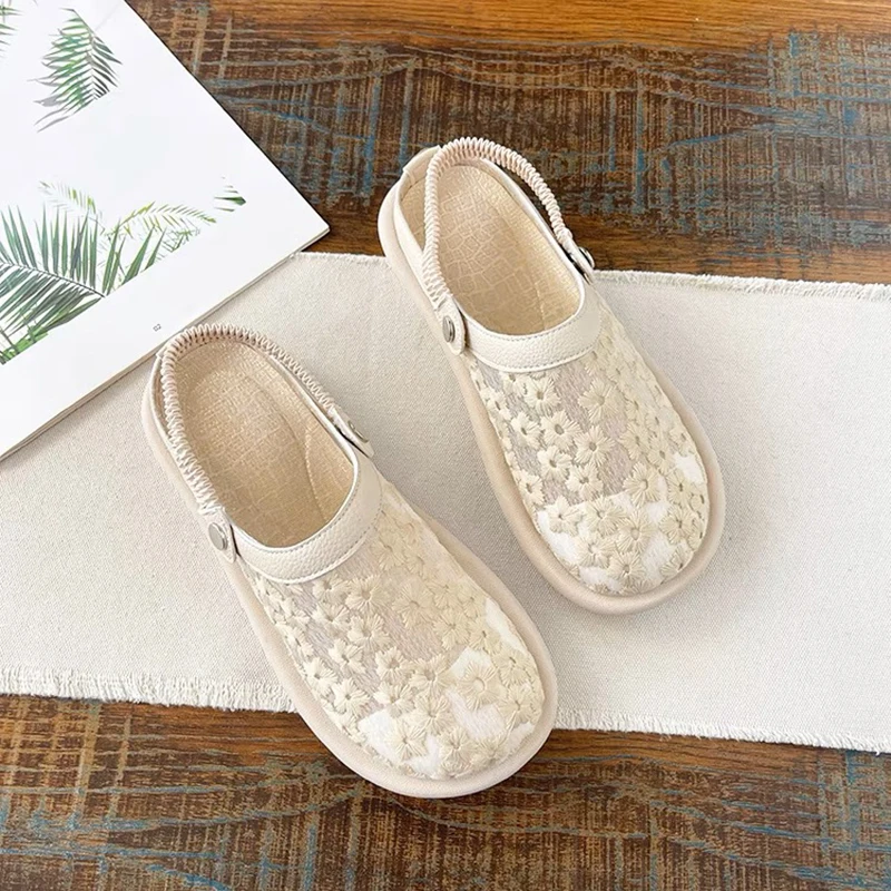 FAFA 2023 Summer New Japanese Two Wear Package Head Sandals Lace Breathable Soft Bottom Casual Hundred Hollow Flat Shoes Female