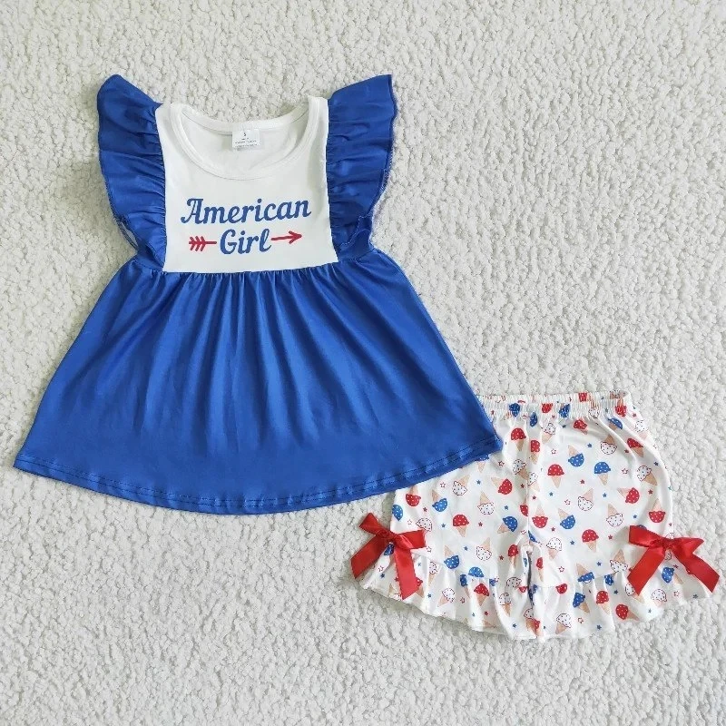 

Оптовая продажа, американский Летний детский комплект для девочек 4 июля, детский синий топ с коротким рукавом и разноцветные шорты с оборками в виде конусов, детская одежда