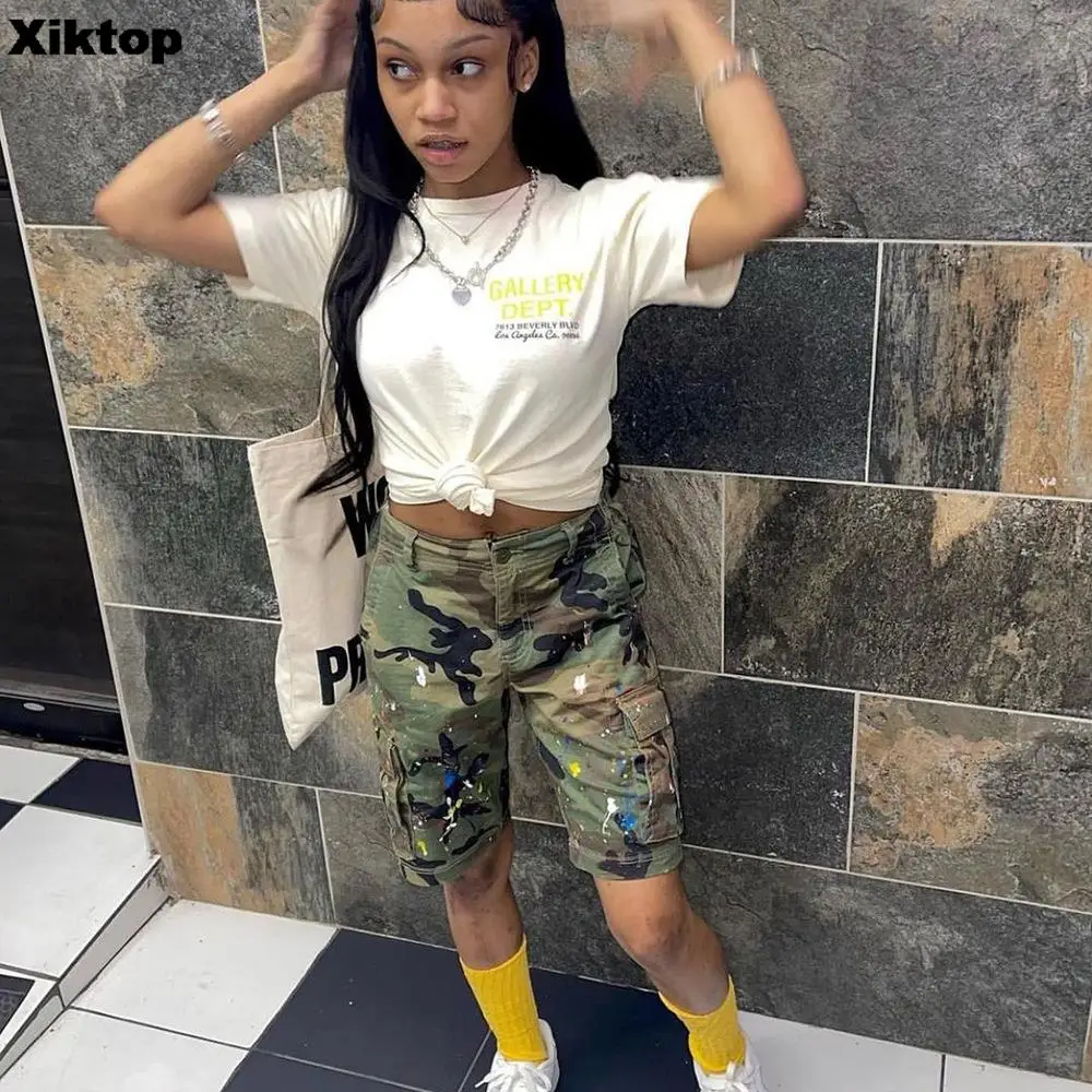 Xiktop Women Cargo Shorts Pants Camouflage Army Green Half Long Sexy Pockets Loose Summer Streetwear Outfits Shorts Wholesale