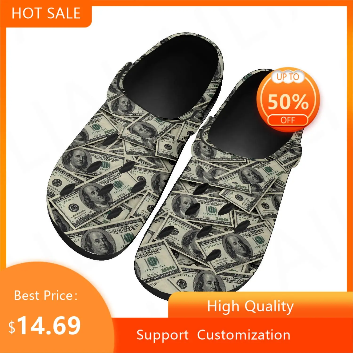 

Популярные домашние сабо с принтом доллара, пользовательская обувь для воды, мужская и женская обувь для подростков, дышащие пляжные шлепан...