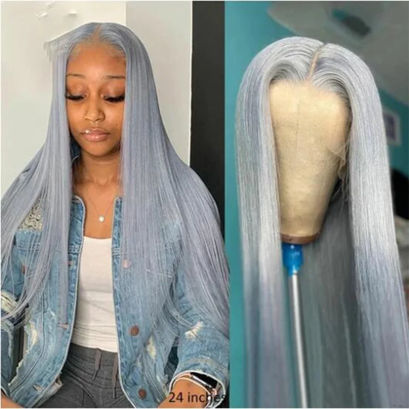 Highlight Grey Long Soft Transparent 13x4Lace Front Wig For Black Women Straight Mixed Human Hair Wig Pre Plucked With BabyHair