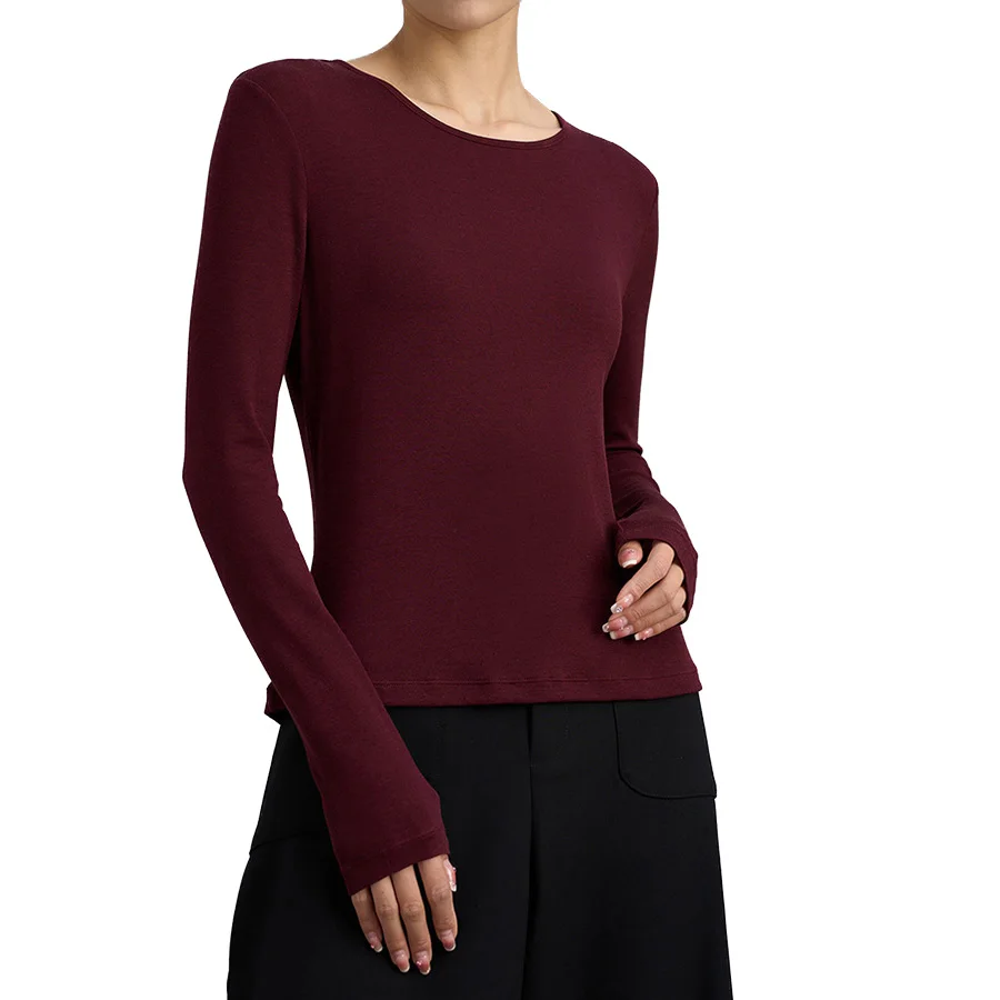 

Wool Lyocell T Shirt Women Crew Neck Long Sleeve Tees Solid Tops Basic M-XL