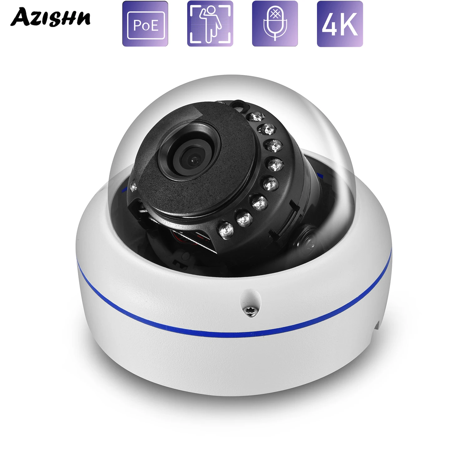 

IP-камера AZISHN Ultra HD 4K 8 Мп, 1/2, 8 дюймов, датчик SONY, наружная Антивандальная купольная камера видеонаблюдения с широким углом обзора 2,8 мм, POE и искусственным интеллектом
