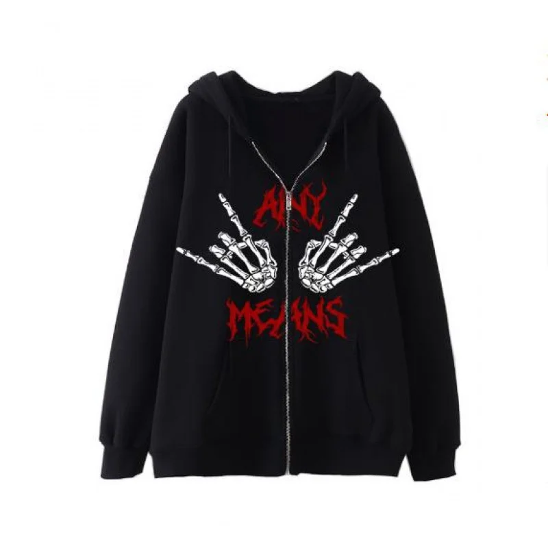 

Gothic Hoodie For Women Dark Series Zipper Sweater Punk Style Hand Bone Print Hoodie Niche Gothic Cardigan Fleece Jacket