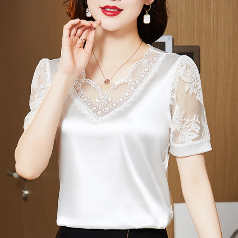 

Summer Elegant Youth Lace Flower Embroidery Woman Blouses 2023 Fashion White Satin Shirts Short Sleeve Silk Top Blusas 25732