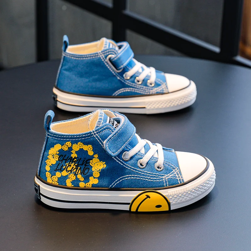 2022 Fashion Smile Printed Pink Canvas Sneakers Kids Boy High top Breathable Children's Canvas Shoes Gilr Platform Child Sneaker