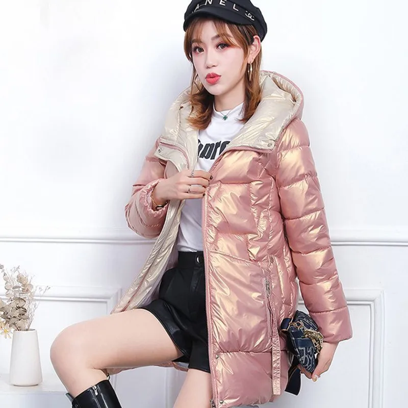 Winter Polyester Women's Down Jacket Hooded Long Sleeve Cardigan Pockets Loose Solid Thick Fashion Casual Down Jacket