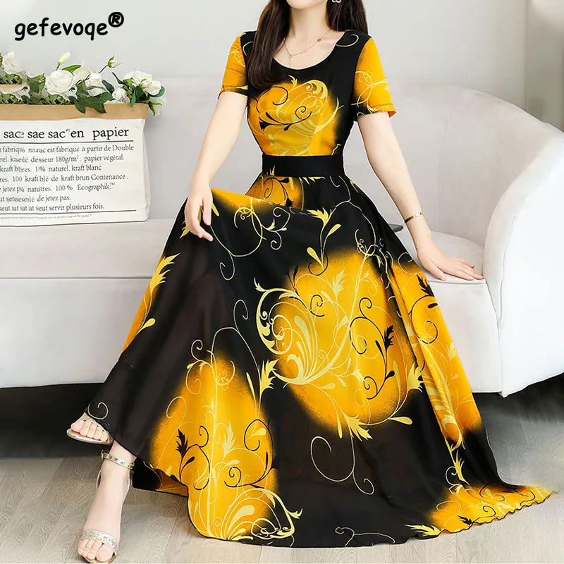 

Vintage O-neck Elastic Waist A-LINE Dresses Floral Print Belt Knee-length Summer Dress Women 2022 Elegant Comfortable Clothing