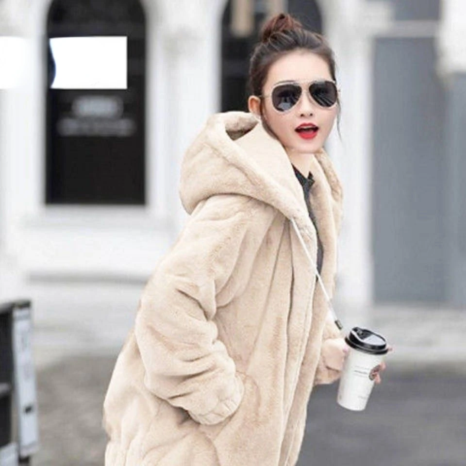 Winter Coat for Women Faux Fur Coats Jackets Faux Rabbit Fur Hooded Sweatshirt Jacket Cotton Lined Coat Warm Korean Fashion New