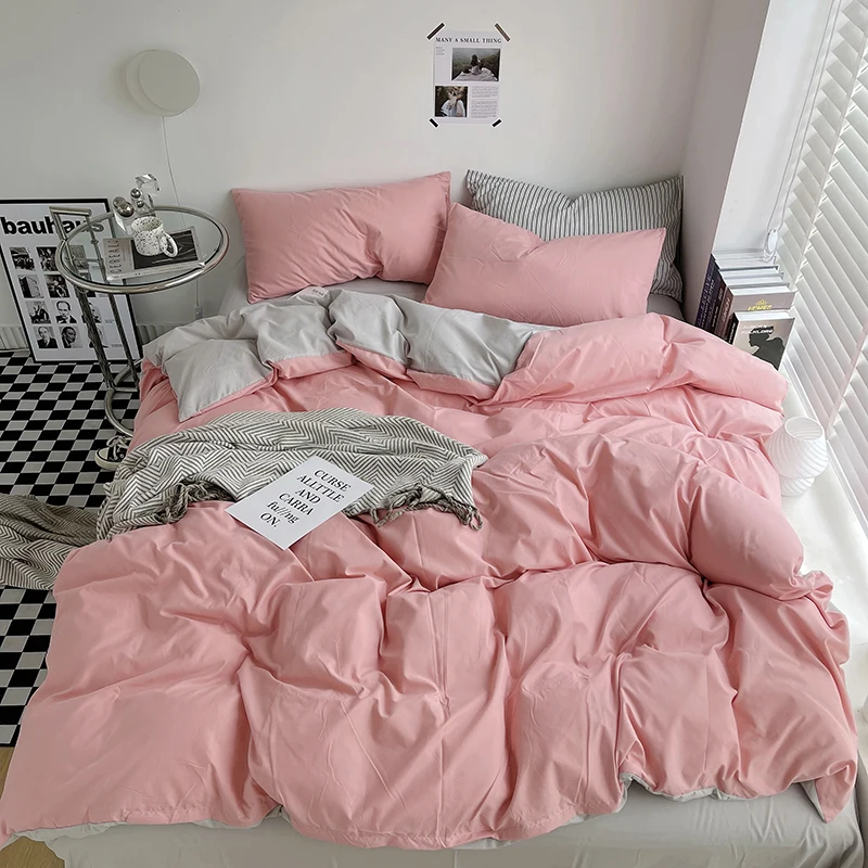 

Korean Style Bedding Set Solid Color Pink Duvet Cover Set With Sheet Microfiber Bedclothes Bed Linens Set Twin Full Queen KIng