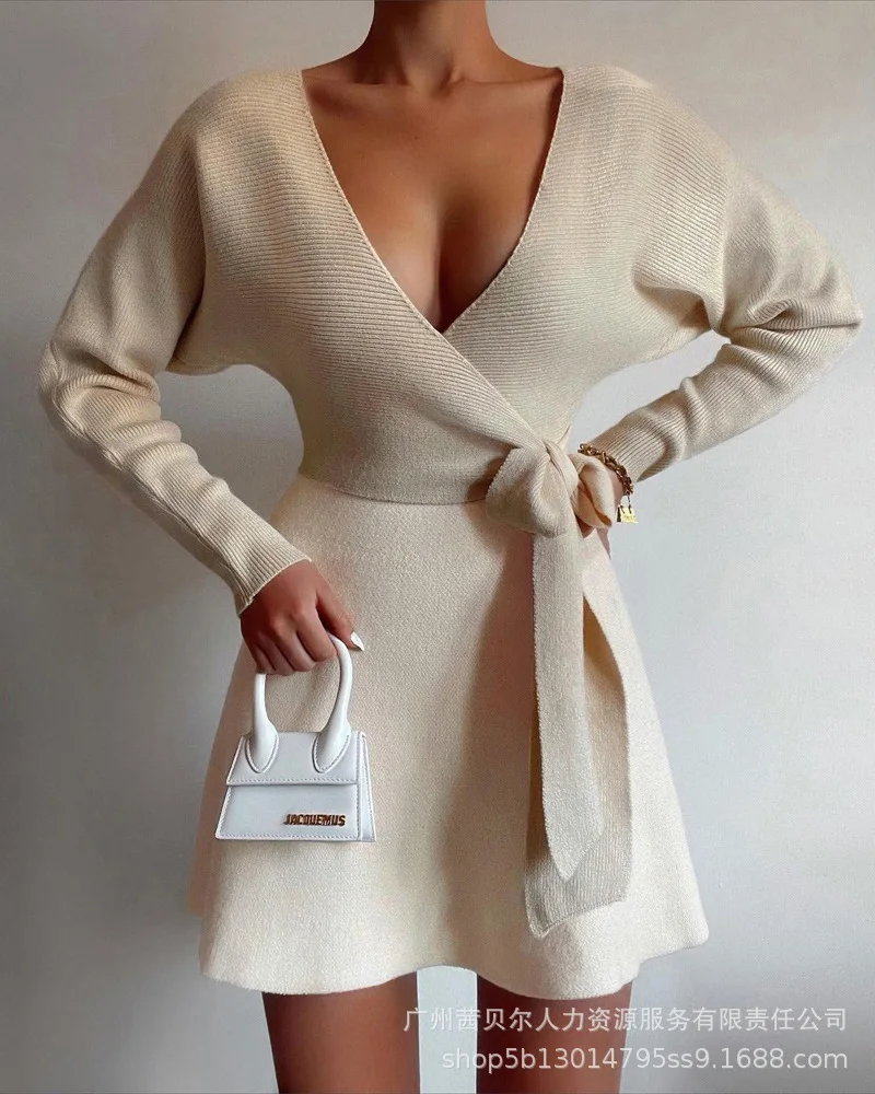 

2022 Knit Sweater Dress Elegant Women Sexy V-neck Belt Solid Batwing Sleeve Spring Summer Vestido Feminino Party Club Dresses