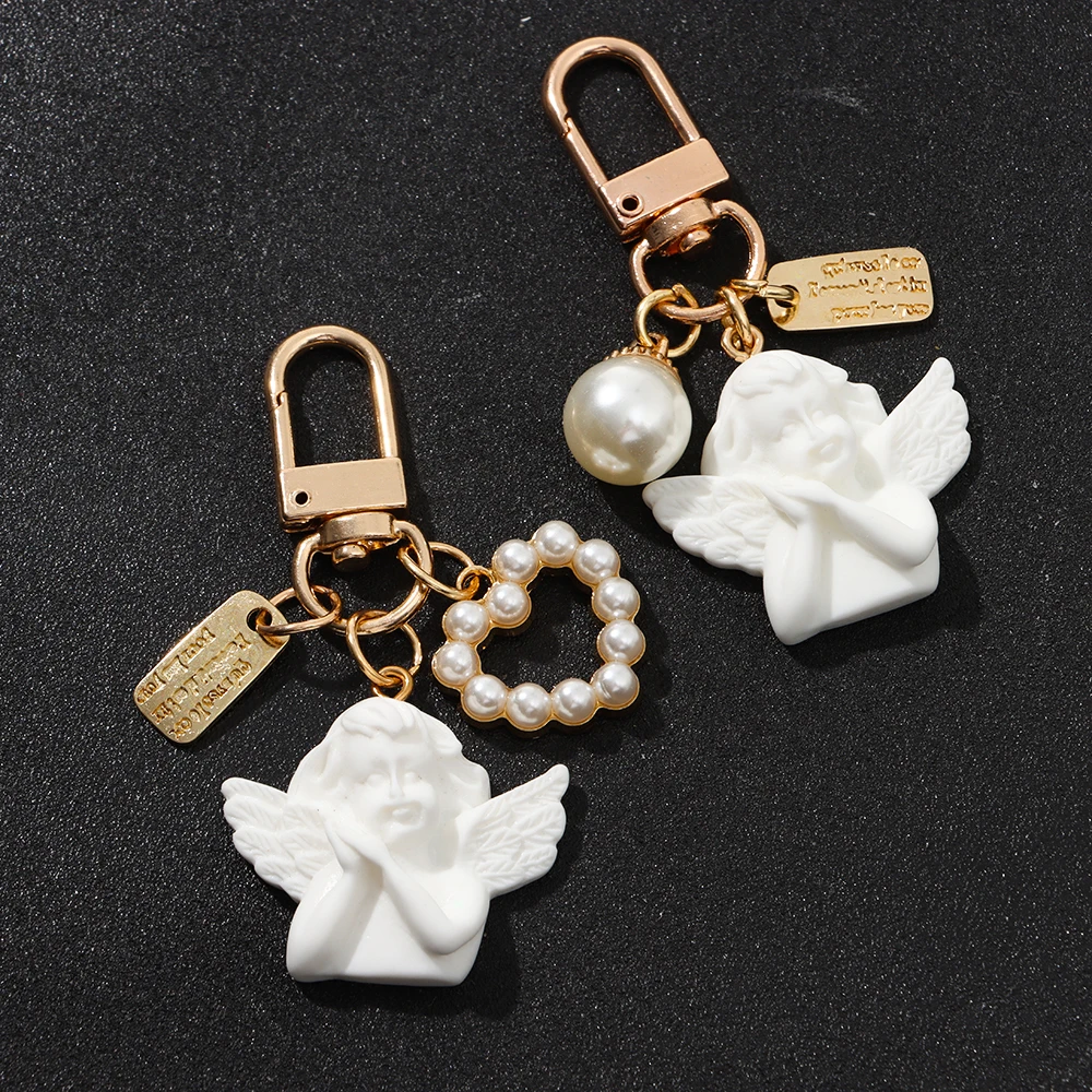 

Брелок для автомобильных ключей, винтажный белый ангел, брелок для ключей, женский милый мини жемчужный брелок в форме сердца, брелок для кл...