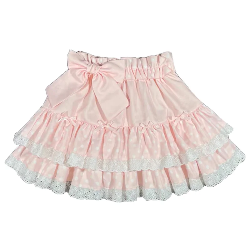 

Sweet Lolita Skirt for Women Bowtie Lace Hem Short Cake Skirt High Waist A-Line Princess Skirt