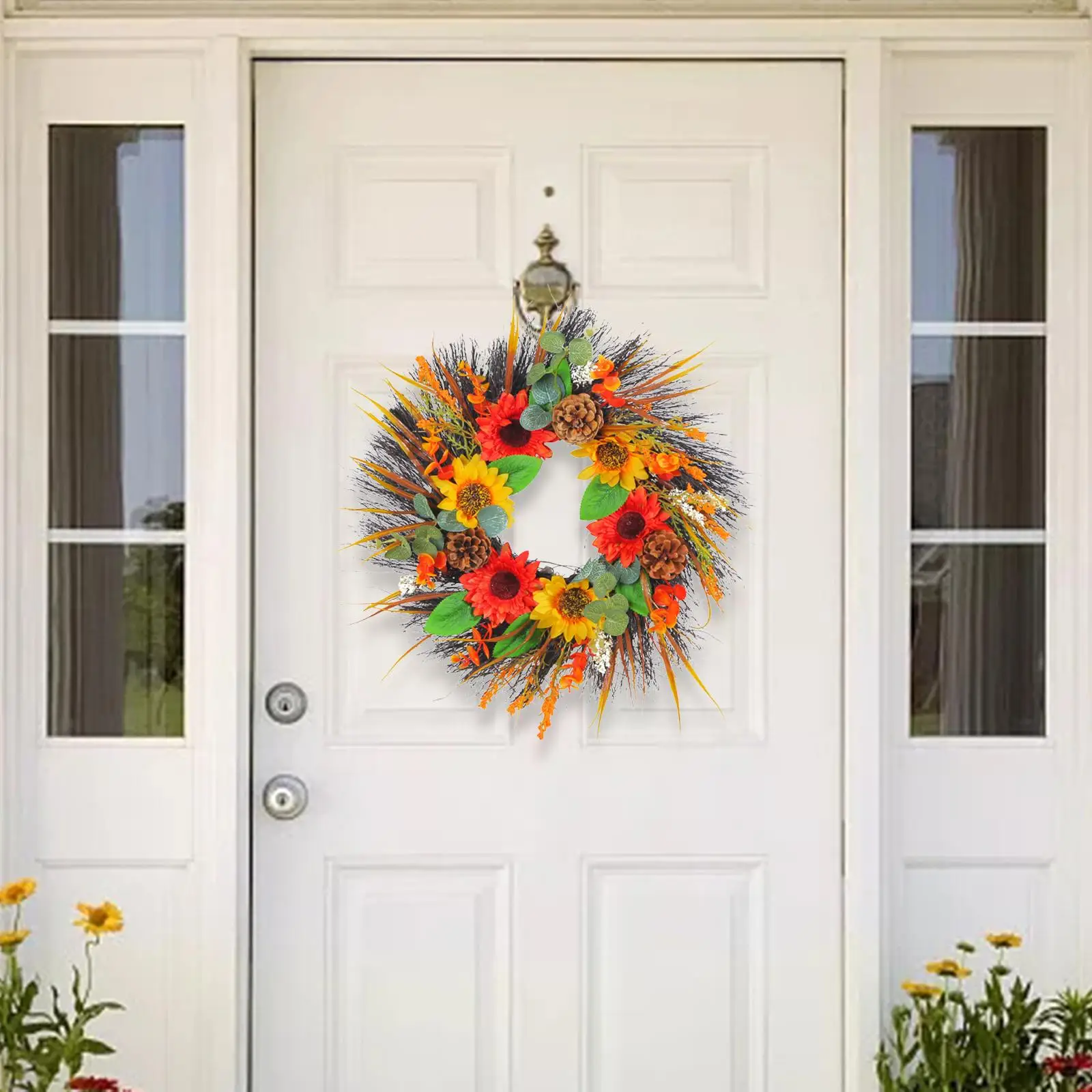 

Sunflower Wreath Greenery Leaves Round Artificial Flower Wreath Farmhouse Garland for Festival Garden Home Window Fireplace