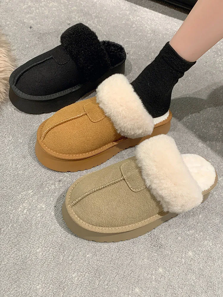 

Cover Toe Med House Slippers Platform Flat Shoes Female Slipers Women Flock Slides 2023 Soft Short Plush Casual Rubber with