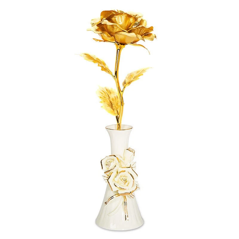 

JFBL Hot Large 24K Gold Plated Foil Rose Vase Ornament Tanabata Valentine's Day Gift