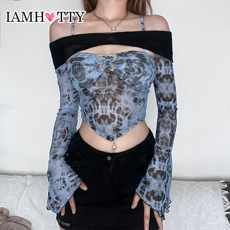 

Женский костюм из двух предметов IAMHOTTY, корейский пуловер с вырезом-лодочкой, сетчатый топ на бретельках и кофта со складками, осень 2023