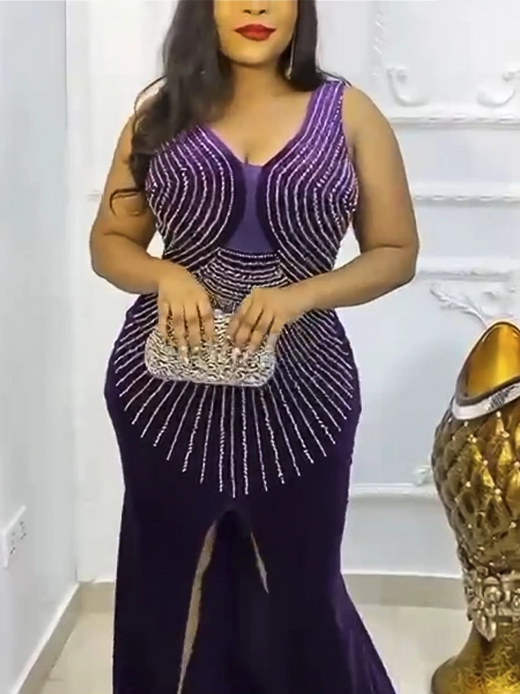

African Dresses For Women Luxury Velvet Elegant Wedding Party Gowns Sleeveless Bodycon Sexy Maxi Robe Ankara Dashiki Kaftan Wear