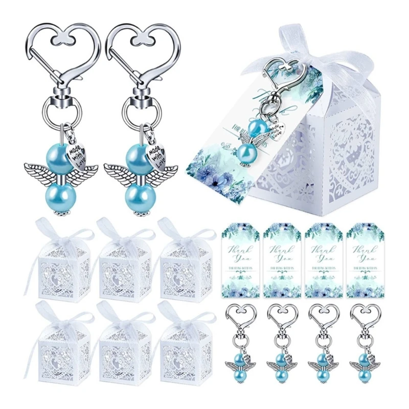 

144 Piecces Angel Keychain with Baptism Favor Boxes Kraft Paper Alloy Keys Rings Pendant Wedding Favor Gift for Bag