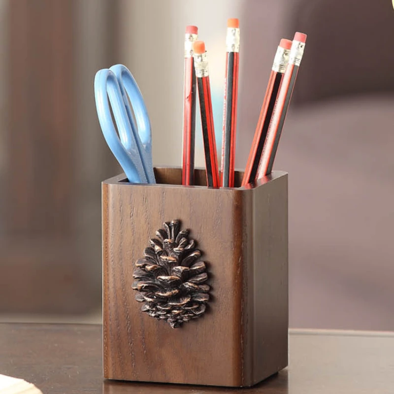 

Creative fashion cute pen holder solid wood American retro wooden makeup brush desktop storage box office gift customization