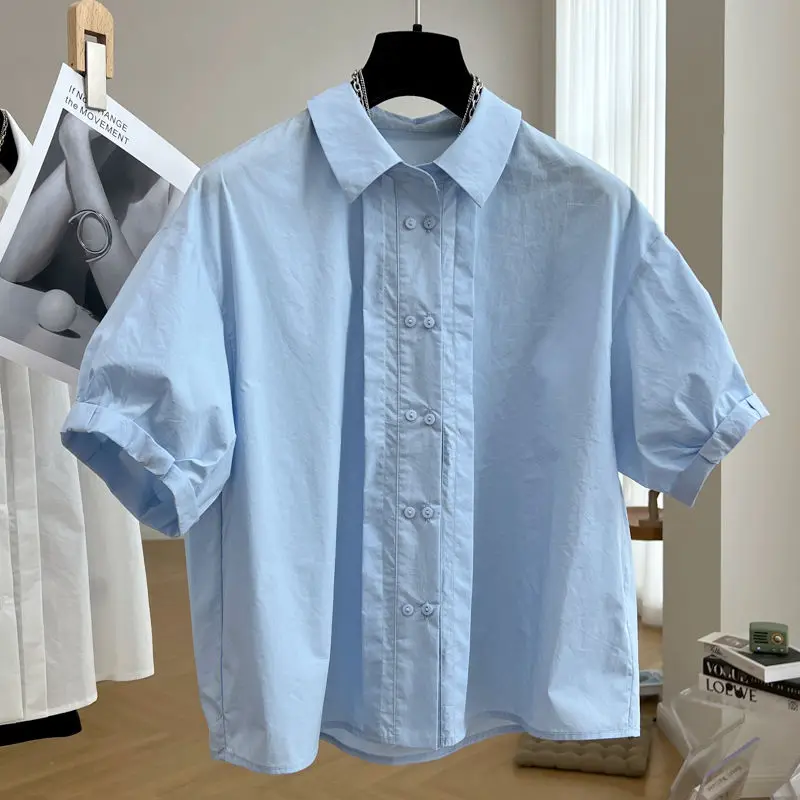 

Short Sleeve Button Up Shirts Women Turn Down Collar Double Breasted Pleated Cotton Blouse Orginal Design Chic Loose Tops Blue