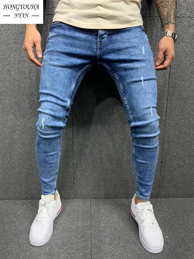 High Quality Blue Jeans for Men Stretch Sexy Biker Jeans Frayed Slim Fit Pencil Pants Skinny Jean Street Casual Jogging Trousers