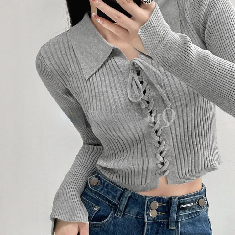 Топы на шнуровке с воротником лацканами в американском стиле новинка 2024 вязаный