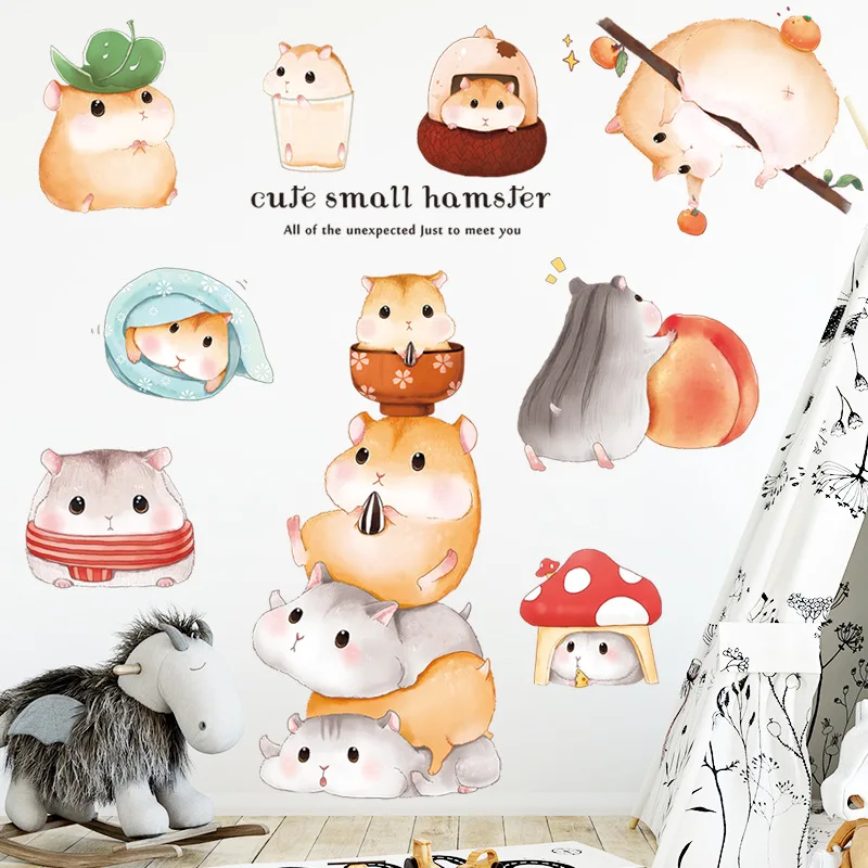 

Cartoon Hamster Wall Stickers Cute Animal Self-Adhesive Wallpapers for Children's Room Decorations Waterproof Paste Wall Decals
