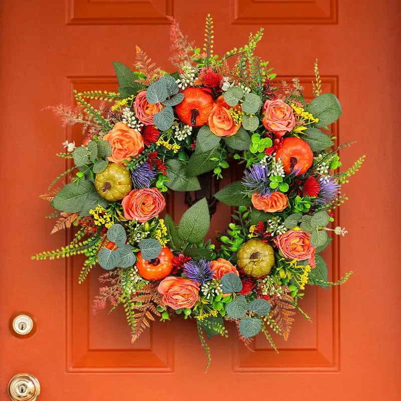 

Искусственный осенний кленовый лист и венок тыквы на День Благодарения для входной двери, домашний фермерский декор, праздничная подвесная гирлянда для сбора урожая