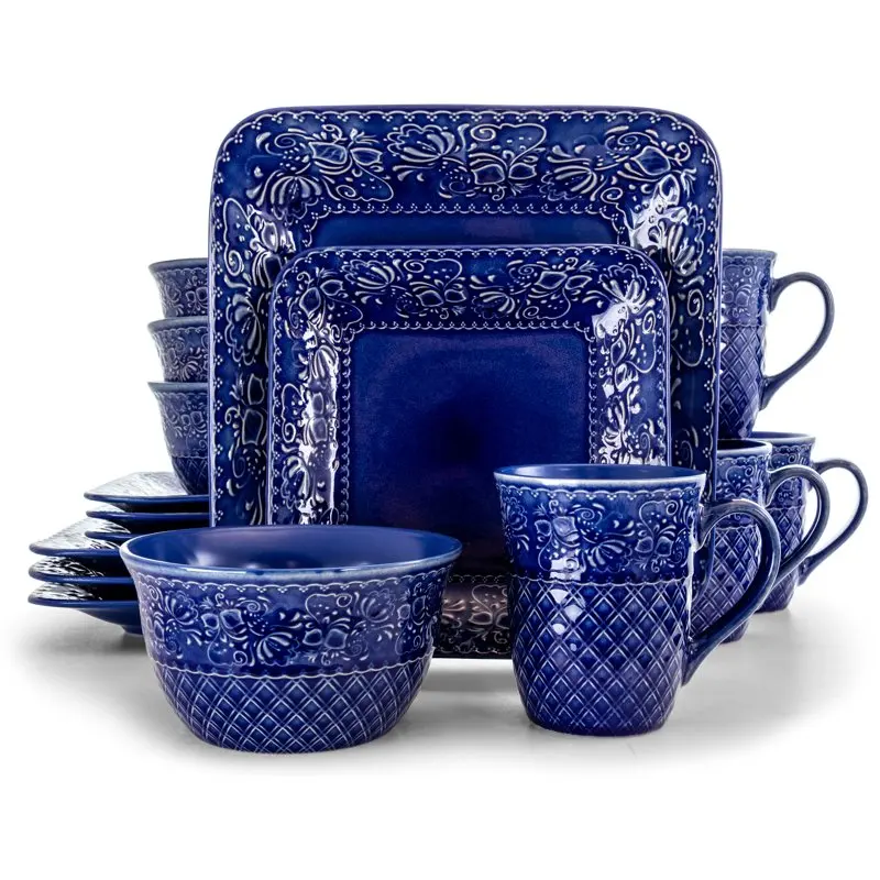 

Premium Quality Vibrant 16-Piece Square Indigo Lotus Dinnerware Set - Durable and Stylish Porcelain for Events and Everyday Use