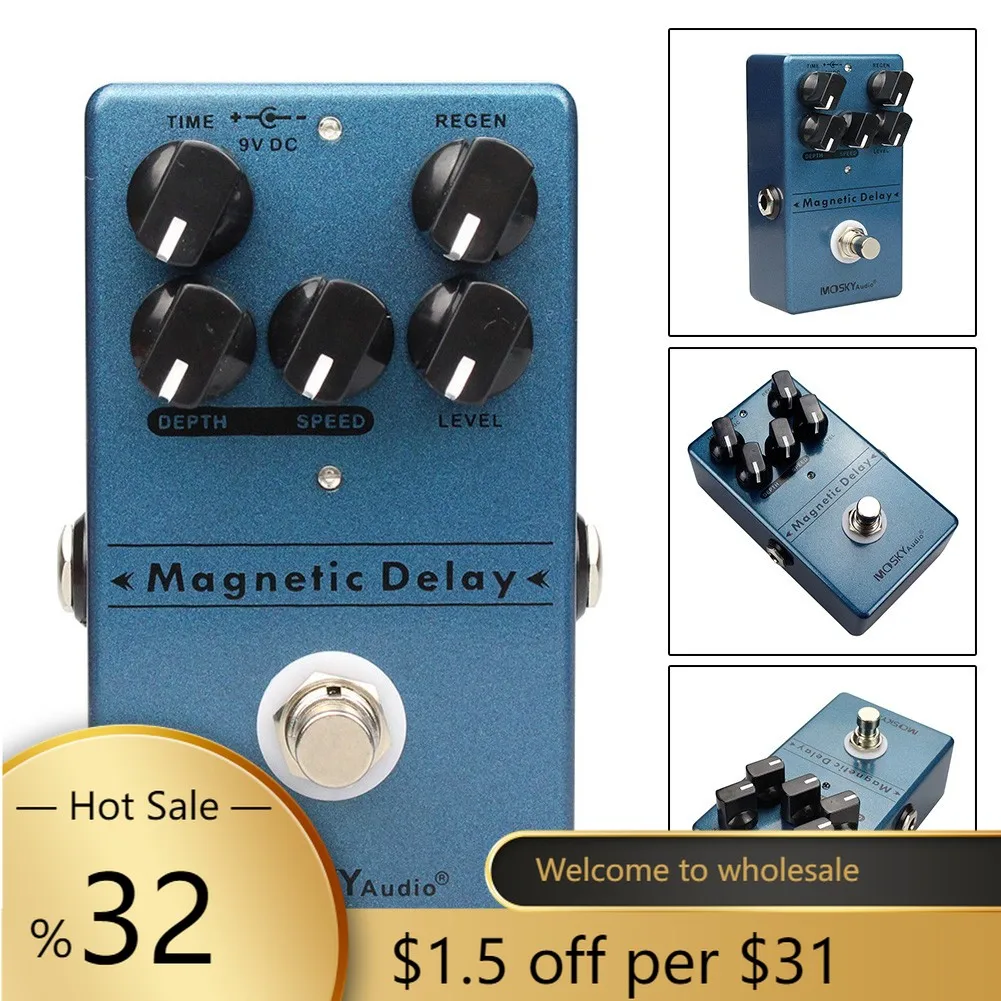 

Mosky Магнитная металлическая эхо-задержка педаль эффектов для электрогитары 5 ручек, быстродействующий эффект True Bypass, Запчасти и аксессуары ...