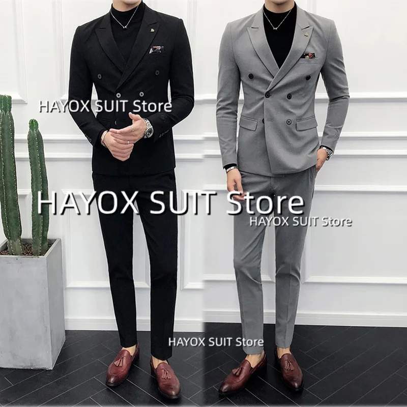 Men's Suits 2 Piece Slim Fit Point Lapel Men Double Breasted Fashion Business Casual Jacket Pants British Wedding Groomsman Pr