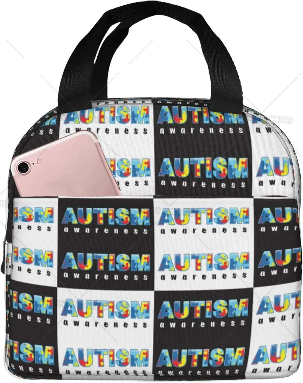 

Colorful Puzzle Pieces Black White Checkered Lunch Bags Moisture Resistant Portable Lunch Box Holder for Men Women Picnic Travel