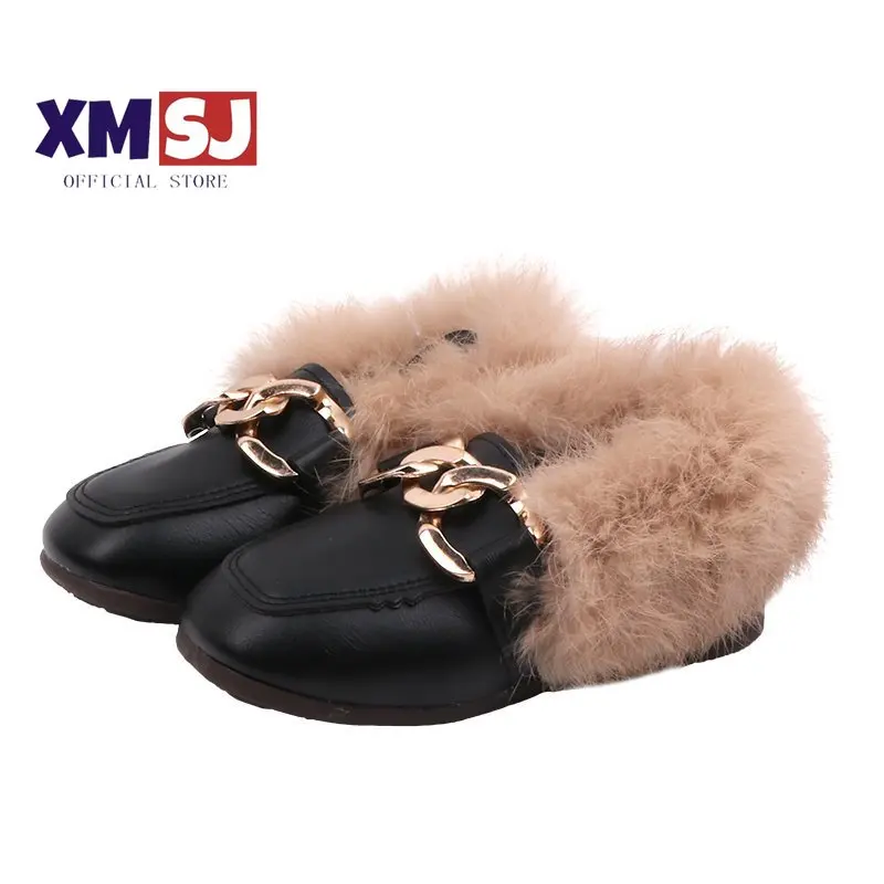 

Kids Shoes for Boys Girls Toddlers Little Children Casual Flats Winter Warm Cotton Fluffy Fur Winter Metal Chains Loafers 21-30