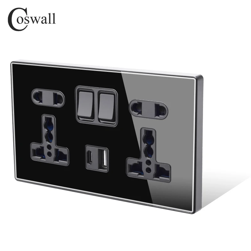 Фото Настенная розетка COSWALL PD 18 Вт Type-C, 3 А, USB-интерфейс для быстрой зарядки, стеклянная панель, двойная Универсальная Розетка с заземлением №4