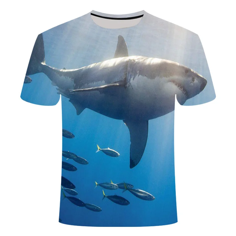 

Fishing tshirt casuall style Digital fish Short Sleeve O-neck 3D print T-shirt Great white shark sandbeach T-Shirts Men clothing