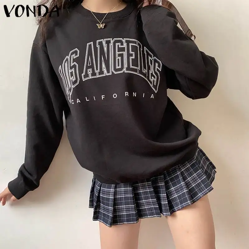 

2022, Женская Осенняя блузка VONDA, повседневные топы с круглым вырезом и длинным рукавом, плиссированные толстовки, Повседневная блузка, женски...