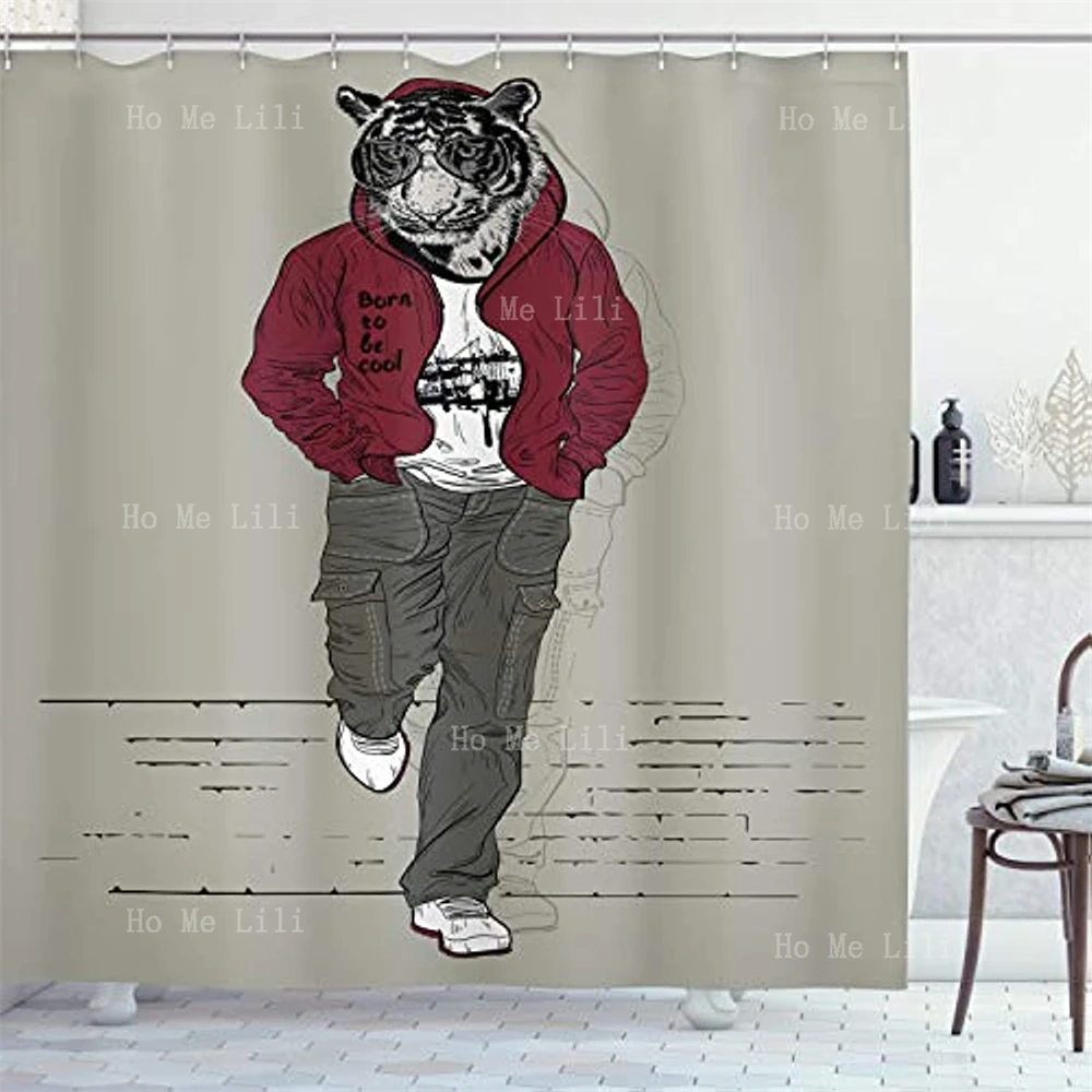 

Modern Hipster Tiger Walks In Sportswear Adapted To The Urban Theme Shower Curtain