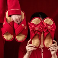 wedding linen slippers female summer spring autumn bow big red home indoor couple sandals male free shipping