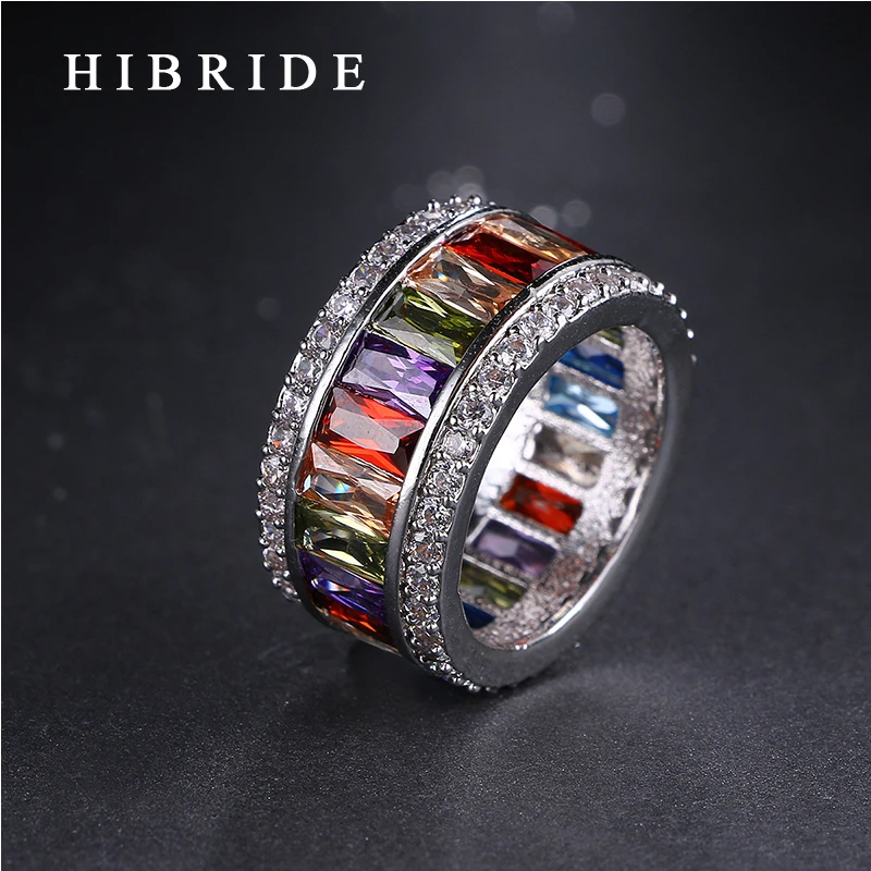 

Fashion Luxury 6/7/8/9 Size Rainbow Cubic Zirconia Finger Women Men Ring Top Rhodium Plated Rings For Party Gifts QSP0010-19