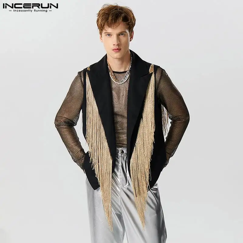 

INCERUN Men Vests Tassel Patchwork Lapel Sleeveless Streetwear Casual Waistcoats Men 2023 Autumn Open Stitch Fashion Vests S-5XL