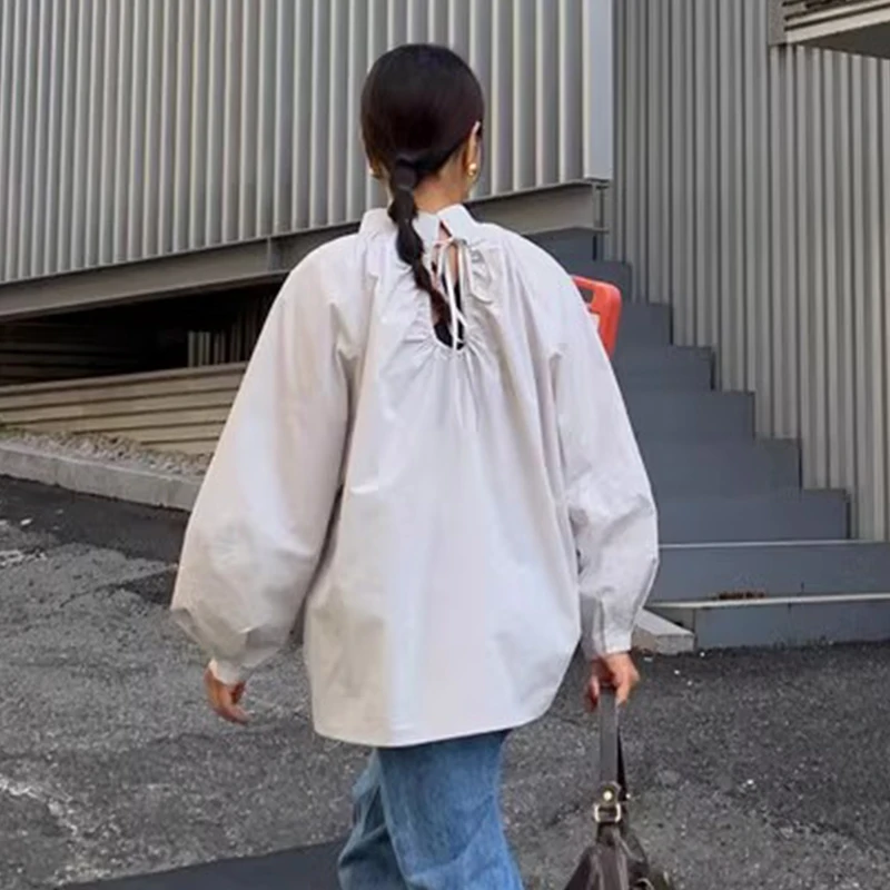 Рубашки и блузки с вырезами на спине со стоячим воротником шнуровке женская