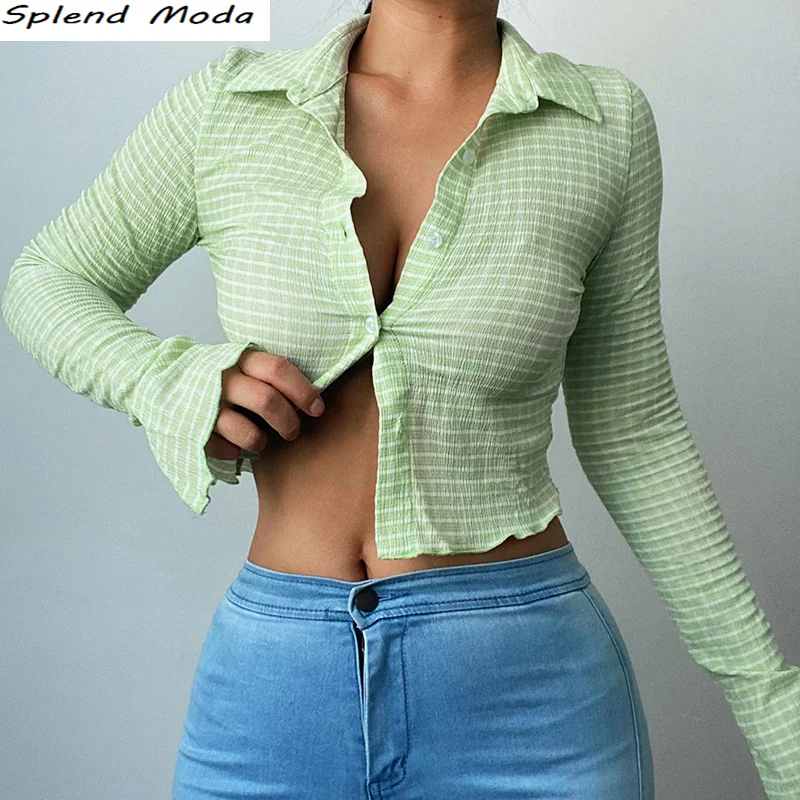 

Splend Mode Autumn New Fashion Casual Plaid Printed Blouses Women Single-Breasted Folds Slim Long-Sleeve Crop Top Shirt Female
