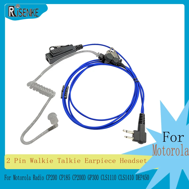 2 Pin Walkie Talkie Earpiece Headset PTT Mic for Motorola Radio CP200 CP185 CP200D GP300 CLS1110 CLS1410 DEP450 (with blue line)