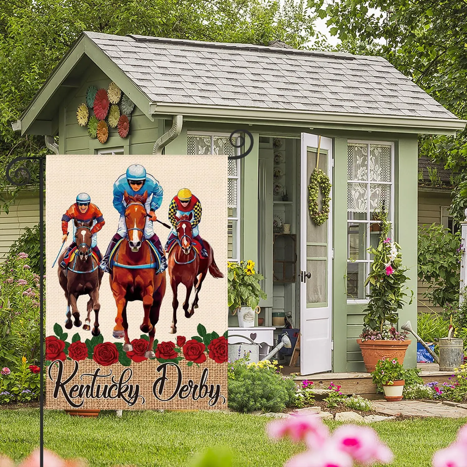 Двойной Садовый флаг Кентукки Дерби 12x18 дюймов бег по розам лошади гонки двор