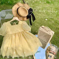 2022 Summer New Dress Baby Girl French Pleated Bubble Sleeve Embroidered Mesh Dress Fashion Korean Kids Clothes Princess Dress