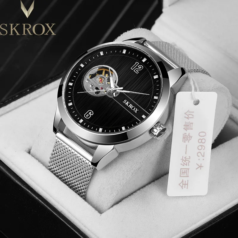 Фото SKROX элегантные светящиеся водонепроницаемые автоматические часы с турбийоном и скелетом, механические мужские часы с сетчатым ремешком, роскошные наручные часы №1