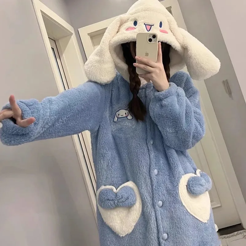 

Sanrio Kuromi Cinnamoroll Melody Kawaii Women Pajamas Cartoon Oversize Autumn Winter New Velvet Cotton Thicken Y2k Jumpsuits