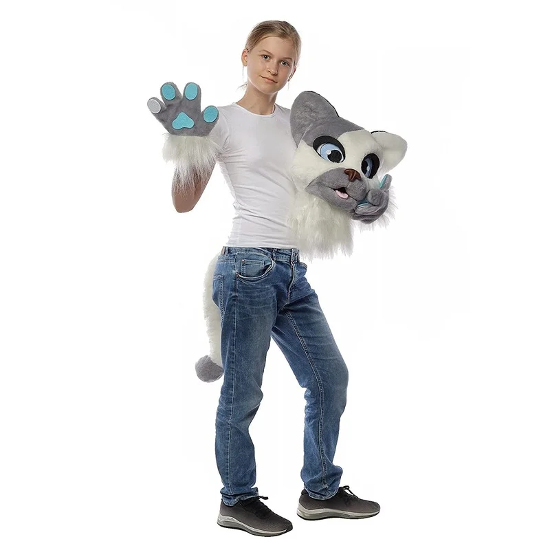 Кошка Fursuit белая кошка талисманы аксессуары голова лапы хвост Симпатичный